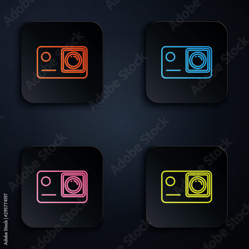 Color neon line Action extreme camera icon isolated on white background. Video camera equipment for filming extreme sports. Set icons in colorful square buttons. Vector Illustration