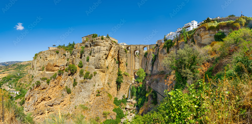 Panoramic view of the New Roman Bridge and the city. Ronda, Spain, Andalusia.