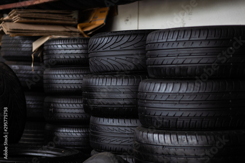 Many type of car tire in garage shop