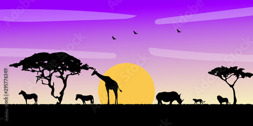 African savanna landscape. Wild animals in National park. Safari travel concept.