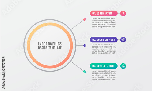 3 point diagram option element steps infographic circles shapes chart. red, pink, yellow, orange, green, and blue color. vector template