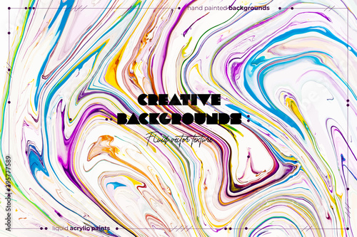 Bright resin art abstract background. Multicolor marble surface, mineral stone texture. Violet, orange and blue paint mix wallpaper. Fluid, color liquid flow effect. Watercolor, acrylic waves, swirls.