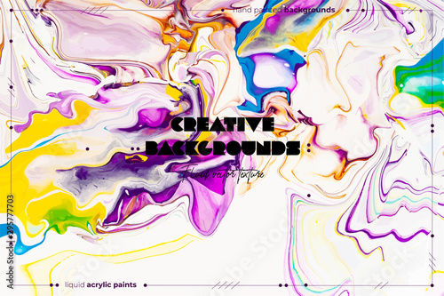 Bright resin art abstract background. Multicolor marble surface, mineral stone texture. Violet, orange and blue paint mix wallpaper. Fluid, color liquid flow effect. Watercolor, acrylic waves, swirls.