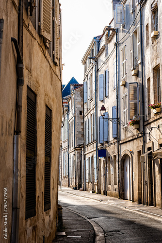 Scenic view of narrow street in the historic centre of La Rochelle, France