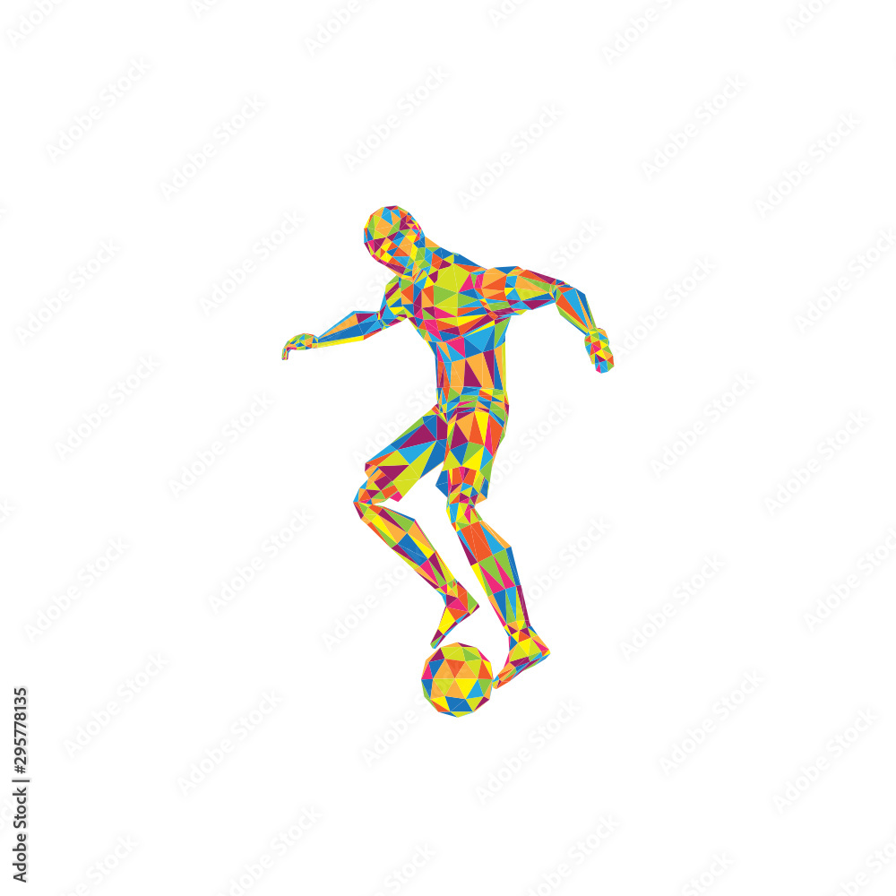 Soccer Football Player with ball, spin pose, low poly background vector