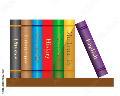 School books stand on a shelf. Vector illustration on a white background.