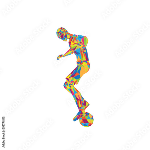 Soccer Football Player with ball, spin pose, low poly background vector © Isolainlain