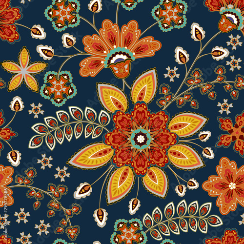 Flourish tiled pattern. Floral oriental ethnic background. Arabic ornament with fantastic flowers and leaves. Wonderland motives of the paintings of ancient Indian fabric patterns. photo