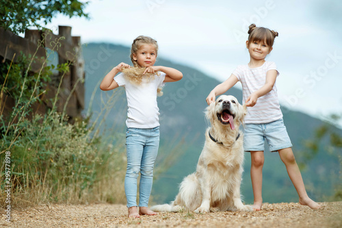 A child with a dog. Little girl plays with a dog in nature. 