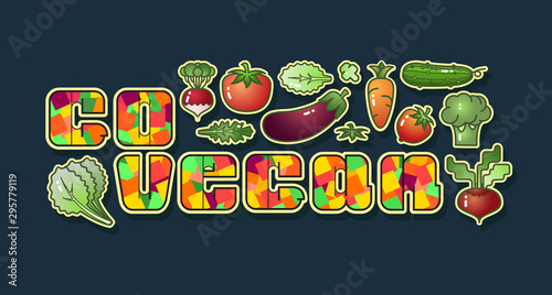 Go Vegan. Inscription and outline vegetable. Vegetarian food. Vector illustration.