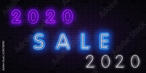 2020 vector neon signboard. White realistic neon numbers on a brick wall. Happy New Year banner. Christmas sale in neon style