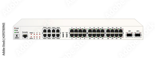 The service router for mounting with a 19-inch rack has 24 Ethernet ports, 1  SFP port, 1  SFP+ port, 2 USB ports, 6 FXS ports, 2 FXO port. White colour. Vector illustration.