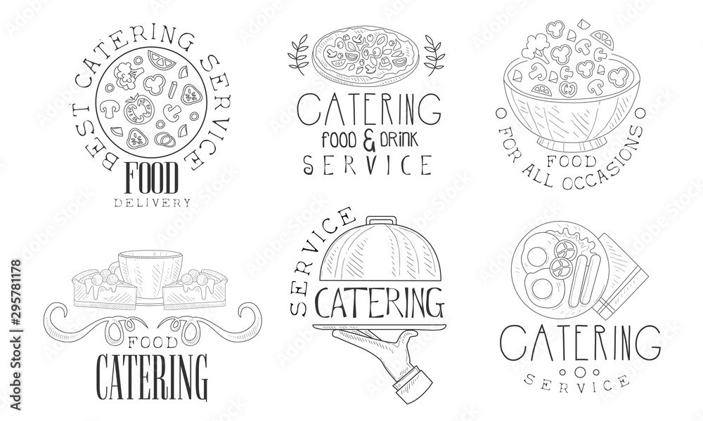 Catering Food and Drink Service Hand Drawn Retro Labels Set, Food for All Occasions Monochrome Badges Vector Illustration