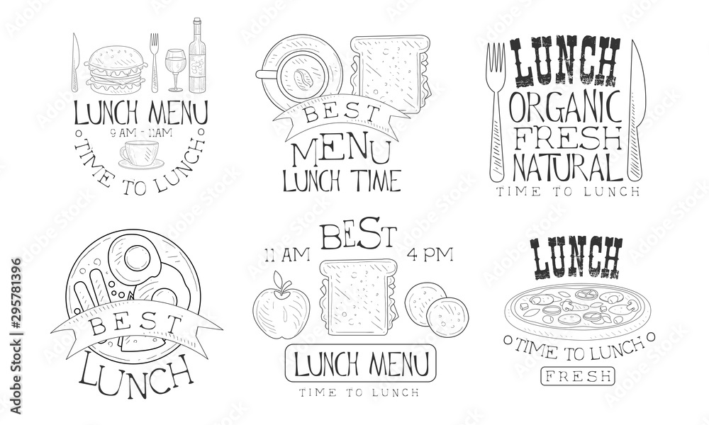 Lunch Menu Hand Drawn Retro Labels Set, Organic Fresh Natural Food Monochrome Badges Vector Illustration