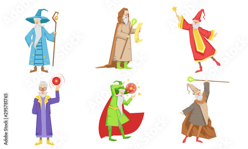 Old Fairytale Wizard Characters Set, Male Magician or Warlock in Hat and Mantle Practicing Wizardry Vector Illustration