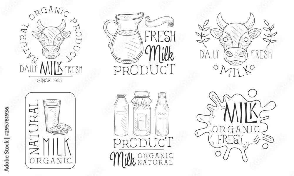 Daily Fresh Milk Hand Drawn Retro Labels Set, Natural Product Monochrome Badges Vector Illustration Daily Fresh Milk Hand Drawn Retro Labels Set, Natural Product Monochrome Badges Vector Illustration