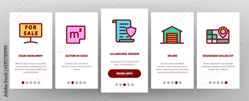 Real Estate Onboarding Mobile App Page Screen Vector Icons Set . Building And House, Map And Plan, Garage And Swimming Pool Real Estate Concept Linear Pictograms. Contour Illustrations