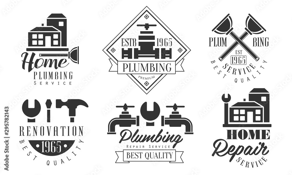 Plumbing Service Best Quality Retro Labels Set, Home Repair Black Badges Vector Illustration