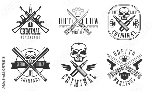 Outlaw Street Criminal Retro Labels Set, Ghetto Warriors Black Badges Vector Illustration