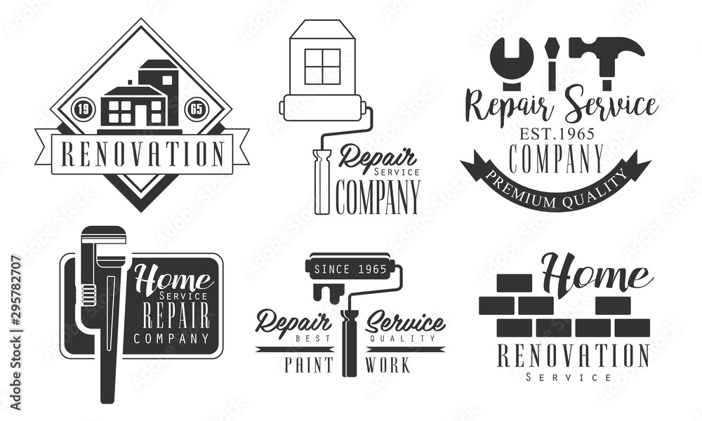 Home Service Repair Company Retro Labels Set, Renovation Black Badges Vector Illustration