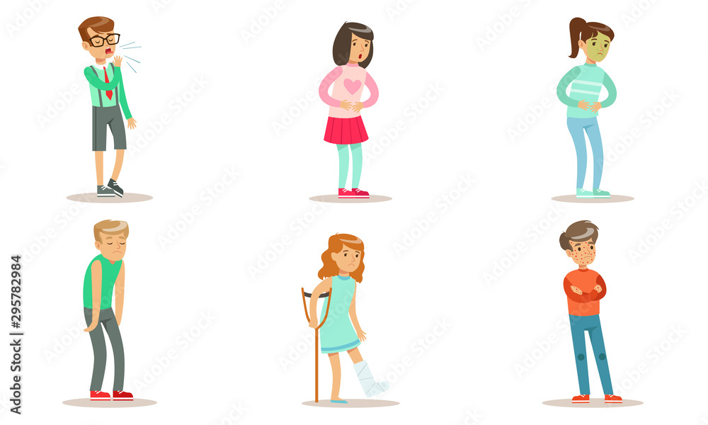 Kids Suffering from Different Symptoms Set, Boys and Girls Having Nausea, Cough, Stomach Ache, Broken Leg Vector Illustration