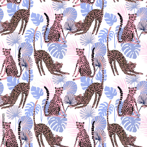 Modern trendy seamless pattern with cute watercolor leopards and tropical leaves.