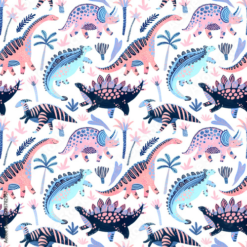 Cute cartoon dinosaurs seamless pattern in scandinavian style
