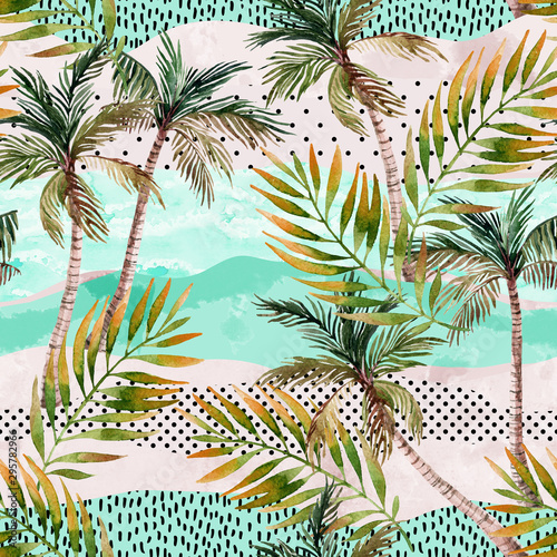 Abstract summer beach background. Art illustration with watercolor palm trees, palm leaves, doodles and grunge textures