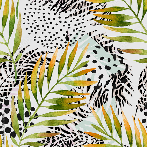 Watercolor palm leaves and geometric background: triangles, doodle, gradient ...