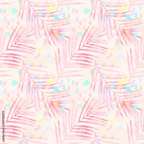 Artistic watercolor palm leaves, pastel colored confetti seamless pattern