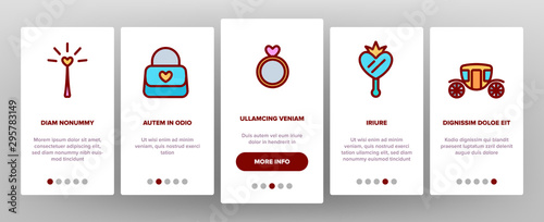 Princess Onboarding Mobile App Page Screen Vector Icons Set Thin Line. Magic Castle And Princess Crown, Coach And Perfume Bottle, Ring And Mirror Linear Pictograms. Contour Illustrations
