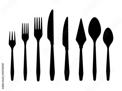 Cutlery black silhouettes knives forks spoons isolated on white background