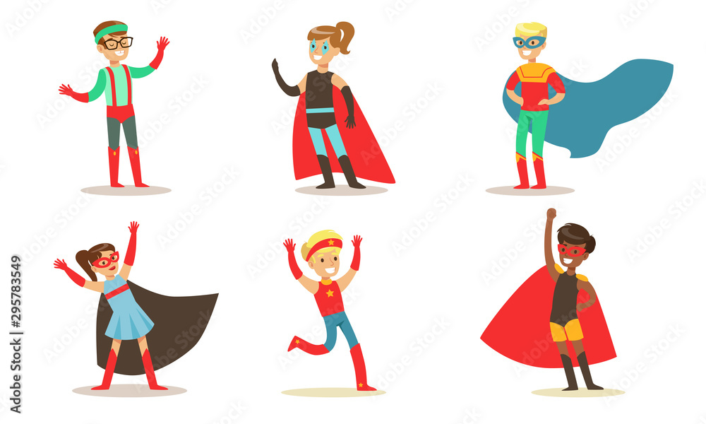 Cute Boys and Girls in Various Superhero Costumes Set, Kids in Capes and Masks Having Fun at Carnival or Party Vector Illustration