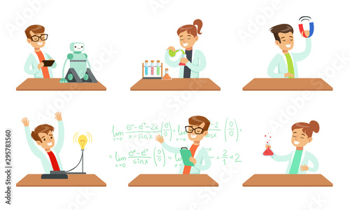 Kid Scientists Set, Boys and Girls in Lab Coats Doing Experiments in the Laboratory Vector Illustration