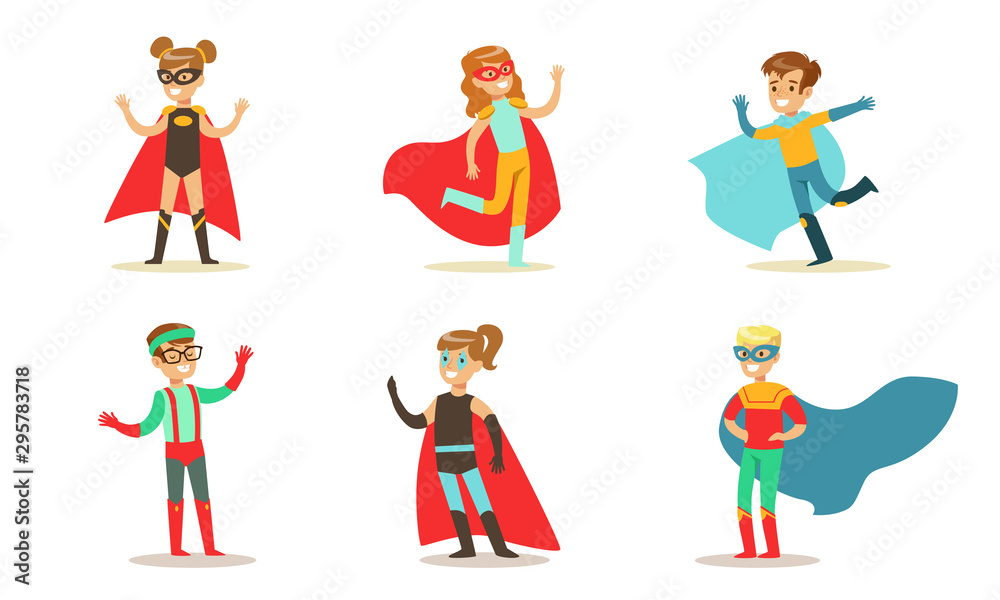 Cute Boys and Girls in Various Colorful Superhero Costumes Set, Kids in Capes and Masks Having Fun at Carnival or Party Vector Illustration