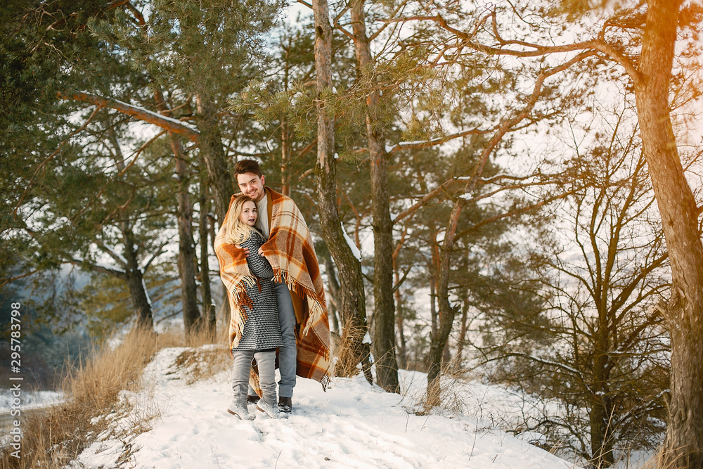 happy couple wrapped in a blanket standing in the park on a snowy day happy couple wrapped in a blanket standing in the park on a snowy day