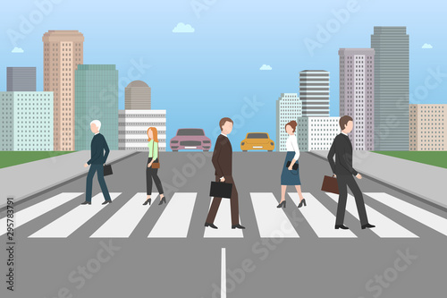 Zebra crossing, cars and pedestrians. Cartoon. Vector illustration.