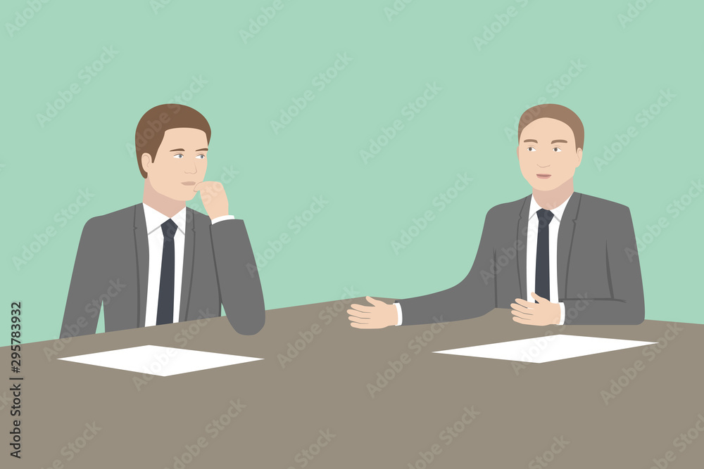 Two Caucasian businessmen in negotiation room. Vector illustration. Two Caucasian businessmen in negotiation room. Vector illustration.