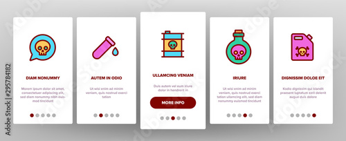Chemical Toxic Poison Onboarding Mobile App Page Screen Vector Icons Set Thin Line. Toxic In Barrel, Poisonous Water, Substance In Flask, Skull With Bones Linear Pictograms. Contour Illustrations