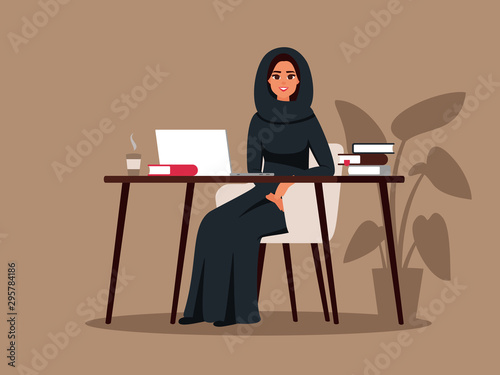 Young arab woman works at the laptop surrounded with books. Muslim Student girl preparing for exams at university. Flat cartoon vector illustration isolated on white background