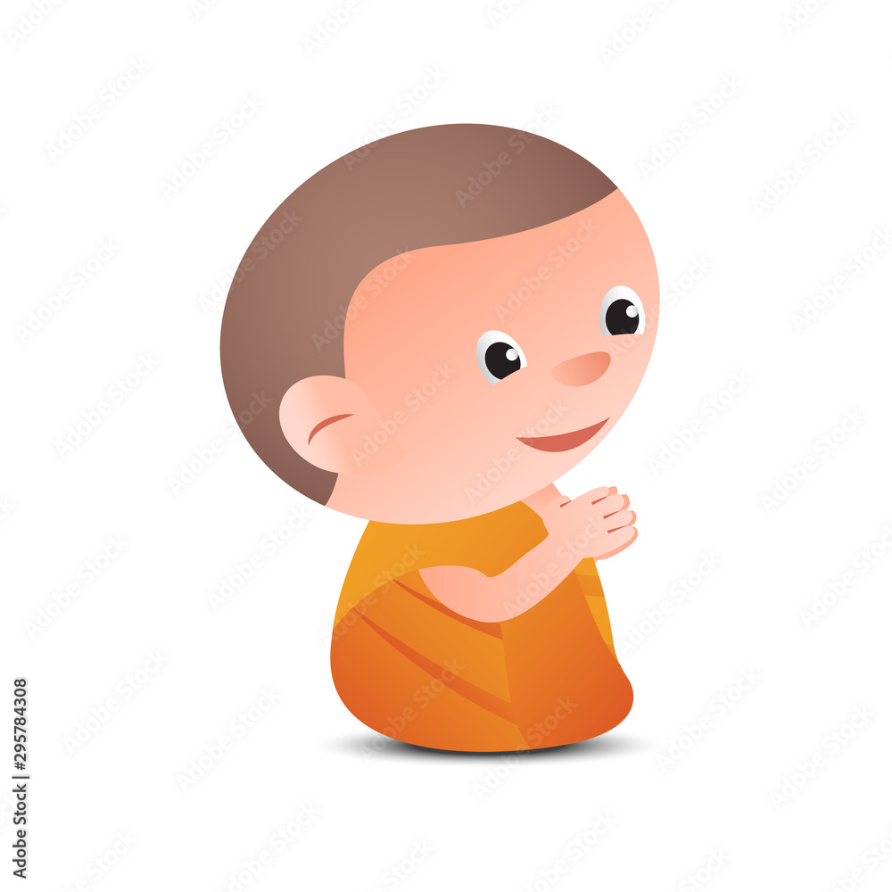 big head cartoon monk pay respect in sit pose,for part of buddhism image of related item