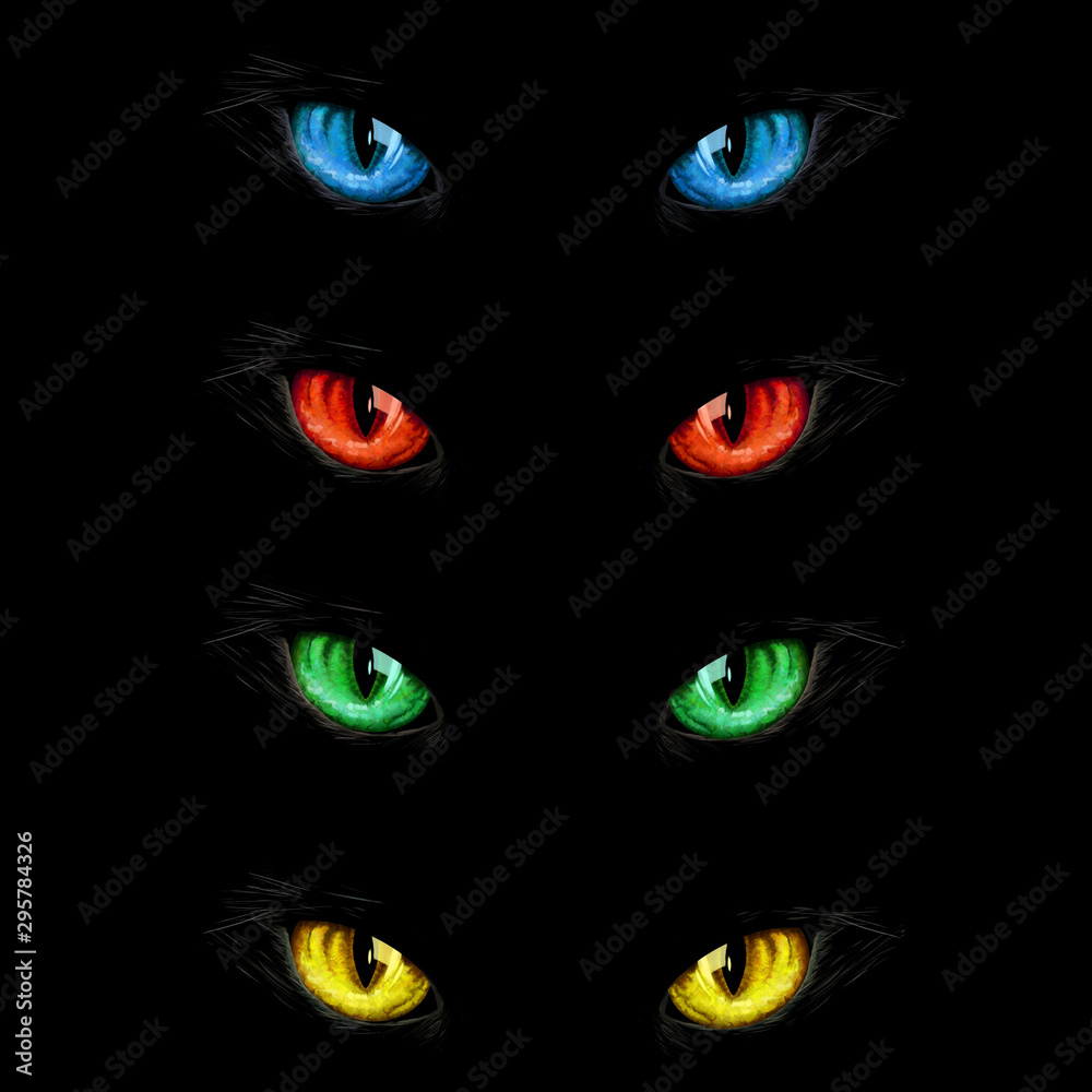 Scarry cat's eyes on black background. Halloween card, invitation, animal hand drawn illustration. Halloween elements kit.