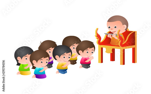 monk sit on a pulpit in the form of an elaborately carved seat,to teach Dharma to buddhist in buddhism day ,isolated big head cartoon version,vector illustration