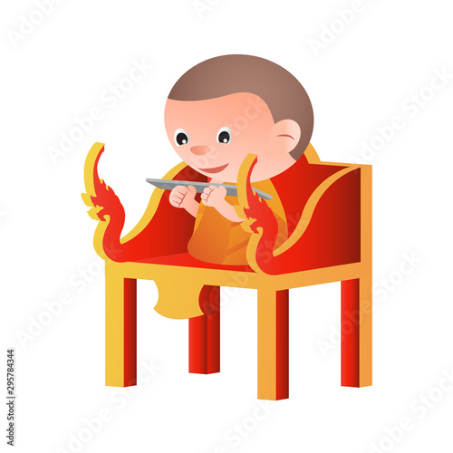 monk sit on a pulpit in the form of an elaborately carved seat,to teach Dharma,isolated big head cartoon version,vector illustration