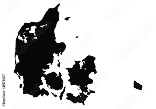 Mapa negro de Dinamarca sobre fondo blanco.