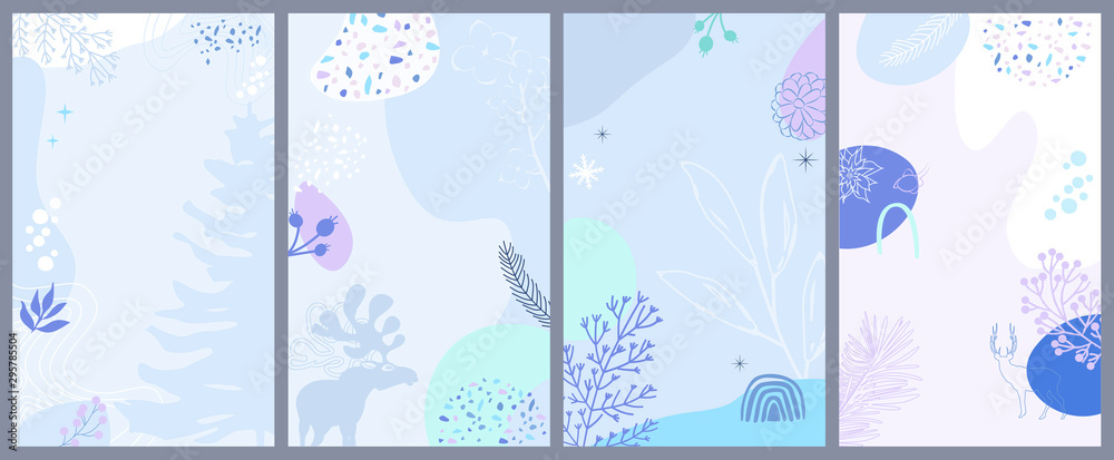 Set of abstract vertical background with winter elements, shapes, plants in one line style. Background for mobile app page minimalistic style. Vector illustration