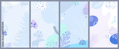 Set of abstract vertical background with winter elements, shapes, plants in one line style. Background for mobile app page minimalistic style. Vector illustration
