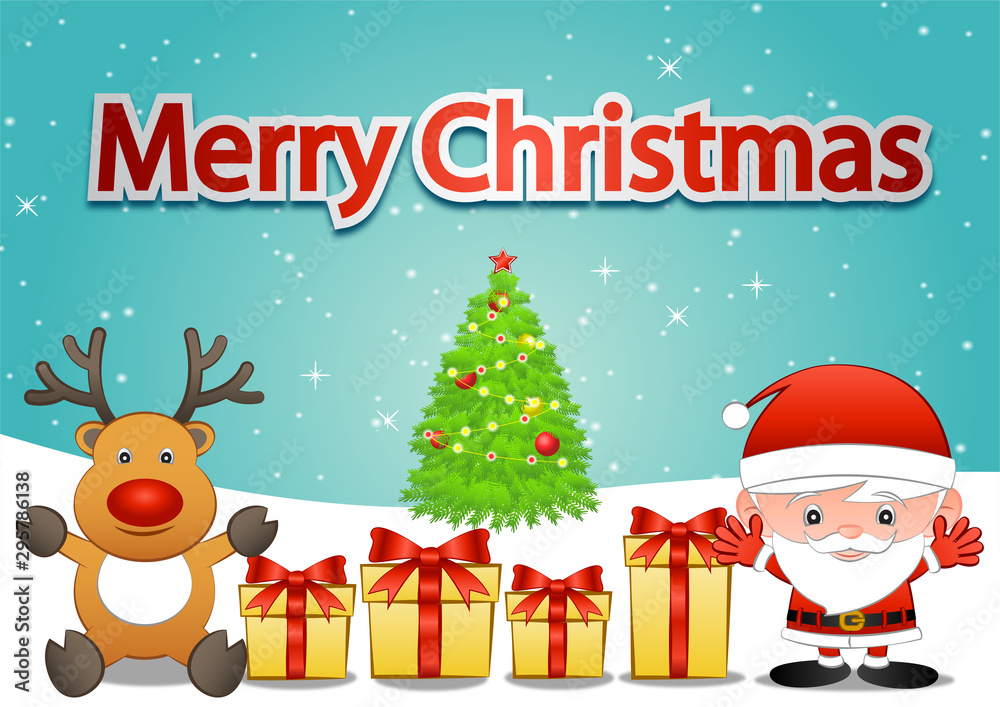 yellow Gift box nearby Santa Claus and reindeer,behind are tree,snow decorate with ball,cartoon version,vector illustration yellow Gift box nearby Santa Claus and reindeer,behind are tree,snow decorate with ball,cartoon version,vector illustration