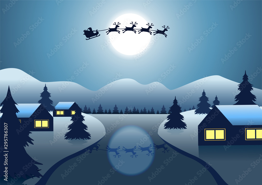 Santa Claus and reindeer fly over the village near river around with hill Christmas tree on night to send gift to everyone,vector illustration