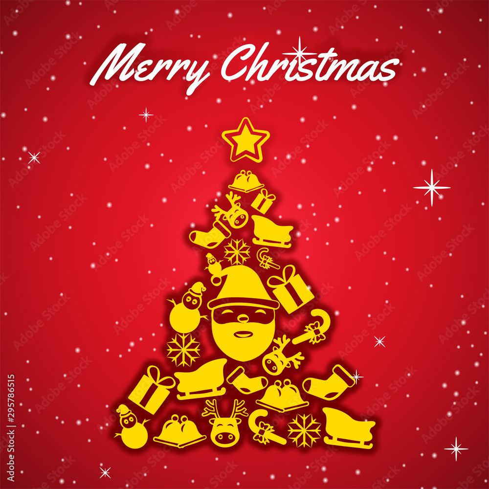yellow christmas icon arrange be christmas tree,below white text and front of red background within stars,vector illustration